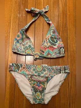Paisley Halter Bikini Set in Aqua and Coral